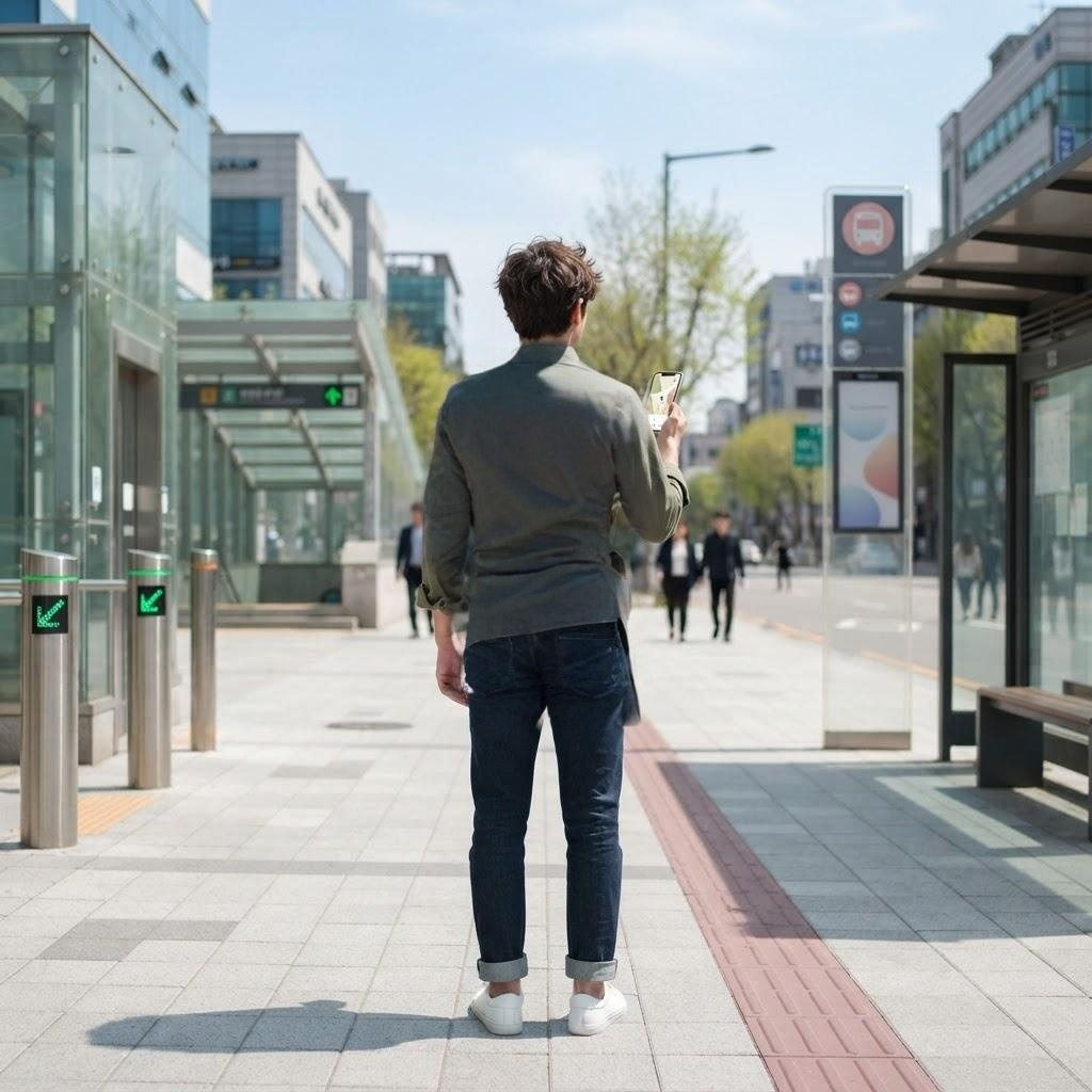 Naver Map and KakaoMap guide with traveler using smartphone navigation near Seoul subway exit