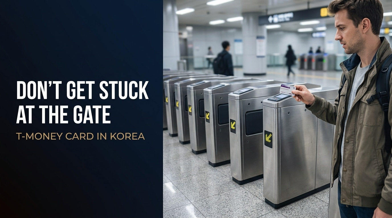 T-money card in Korea held by a tourist at a Seoul subway gate