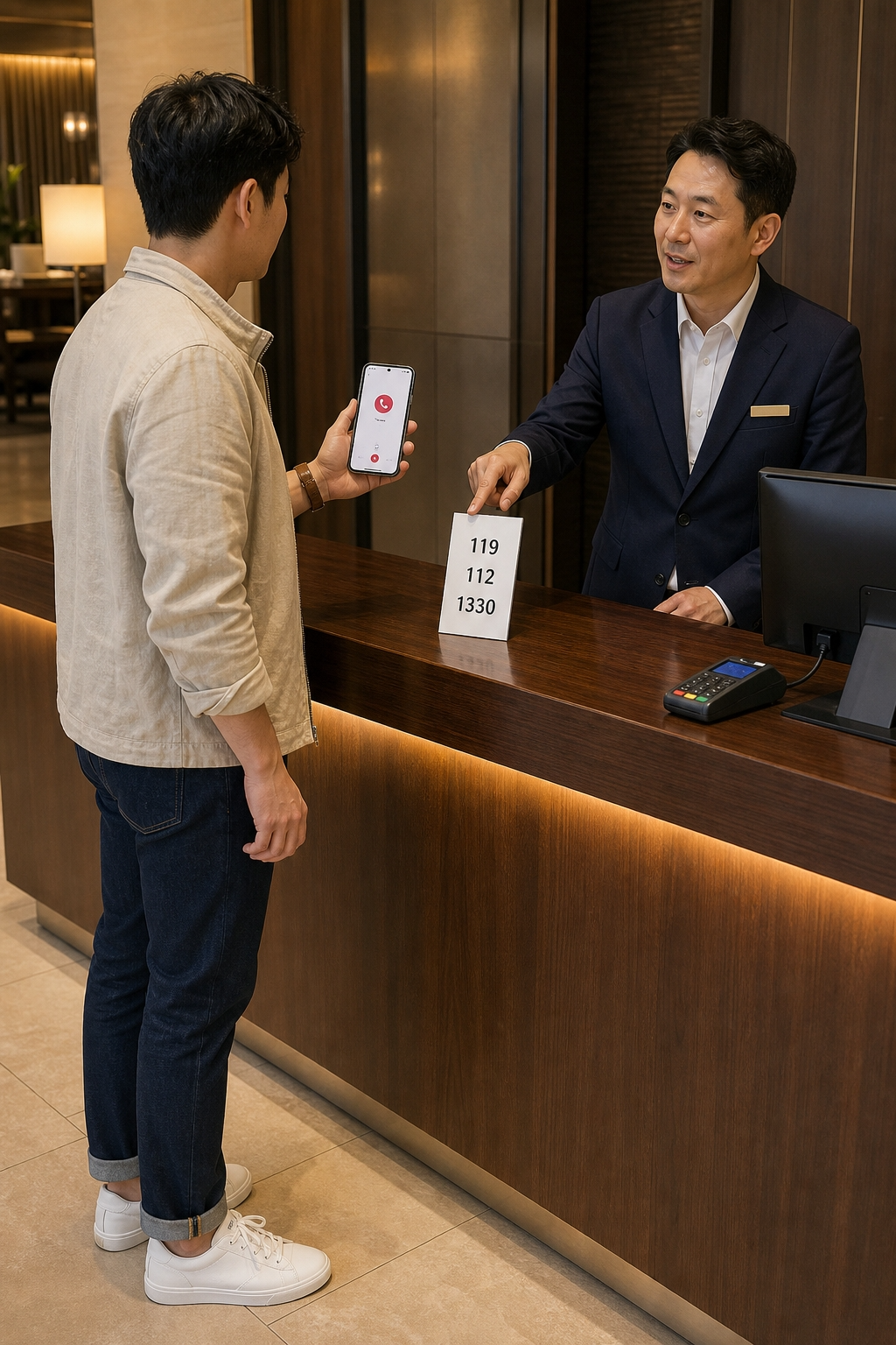 Emergency numbers in Korea with traveler receiving help and information about 119, 112, and 1330 at a Seoul hotel