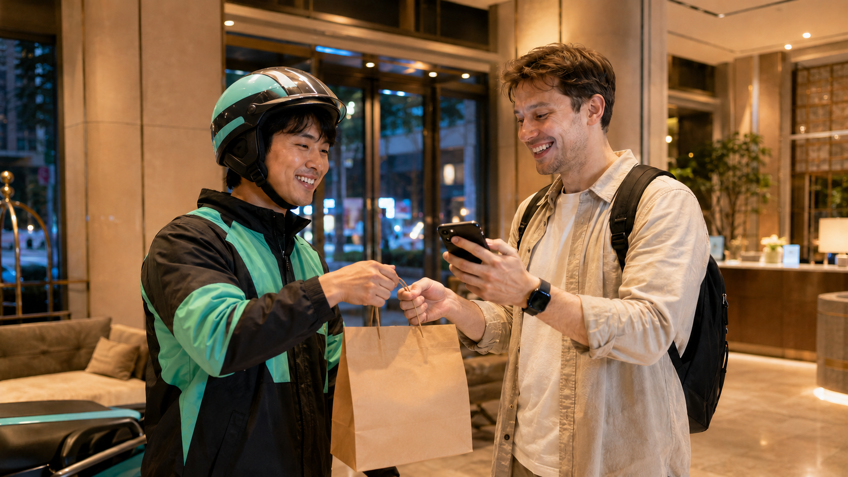 Foreign tourist receiving food delivery in a Seoul hotel lobby