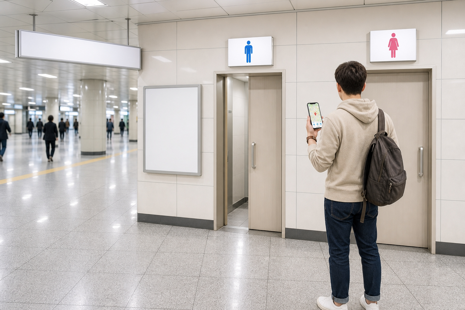 Public restrooms in Korea with foreign traveler at a clean Seoul subway restroom entrance