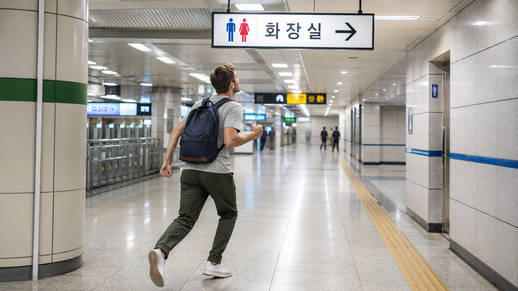 Traveler following a public restroom sign in a Seoul subway station