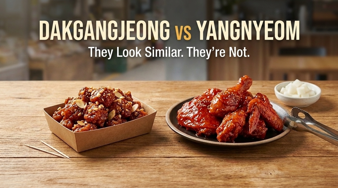 Dakgangjeong vs yangnyeom chicken displayed side by side in Korea